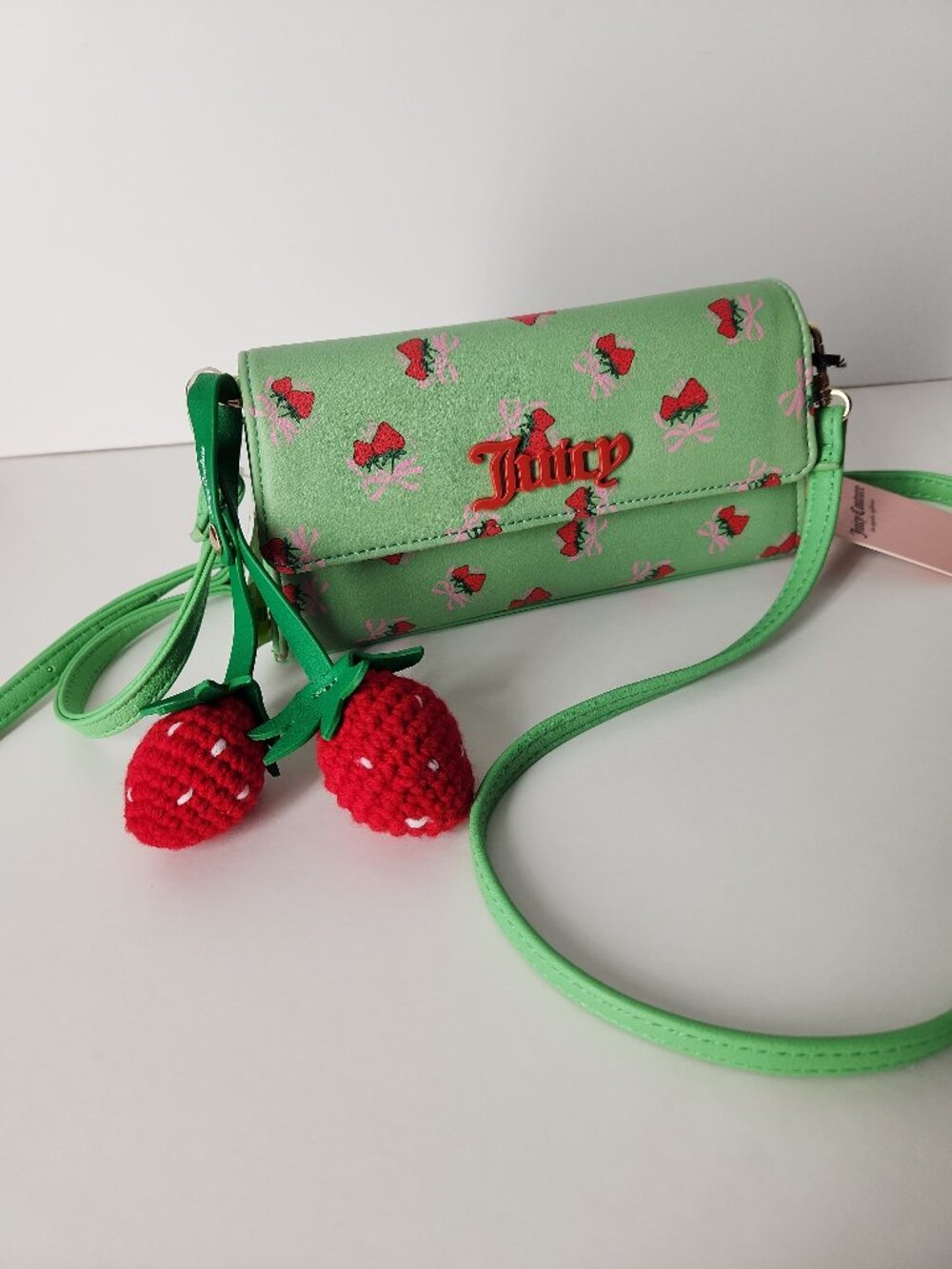 NWT Juicy Couture Mint Green Strawberry Print Crossbody Bag crocheted charms